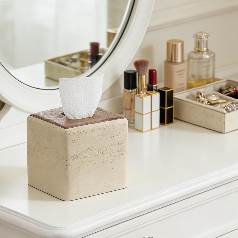 Polytree Natural Travertine & Wood Textures Tissue Box Cover Square for Home Decor,Resin Heavy Tissue Box Holder for Bathroom Countertop,Tabletop,Bedside Table,Office (Handmade of Resin) - Image 5